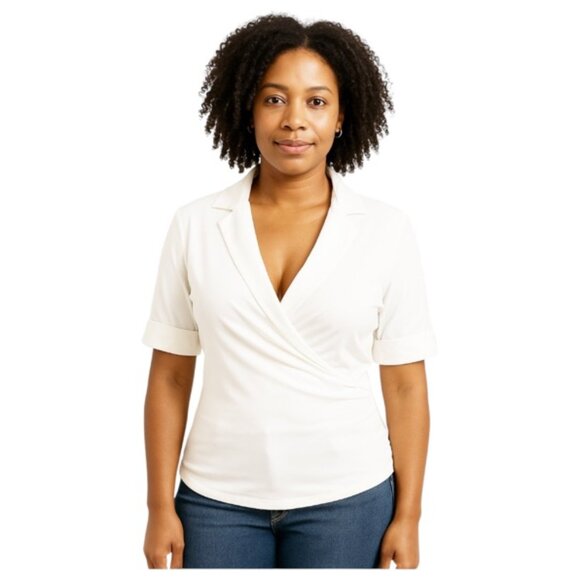 Anne Fontaine Size 4 White Faux Wrap 1/2 Sleeve Peroline Jersey Blouse - Picture 1 of 7